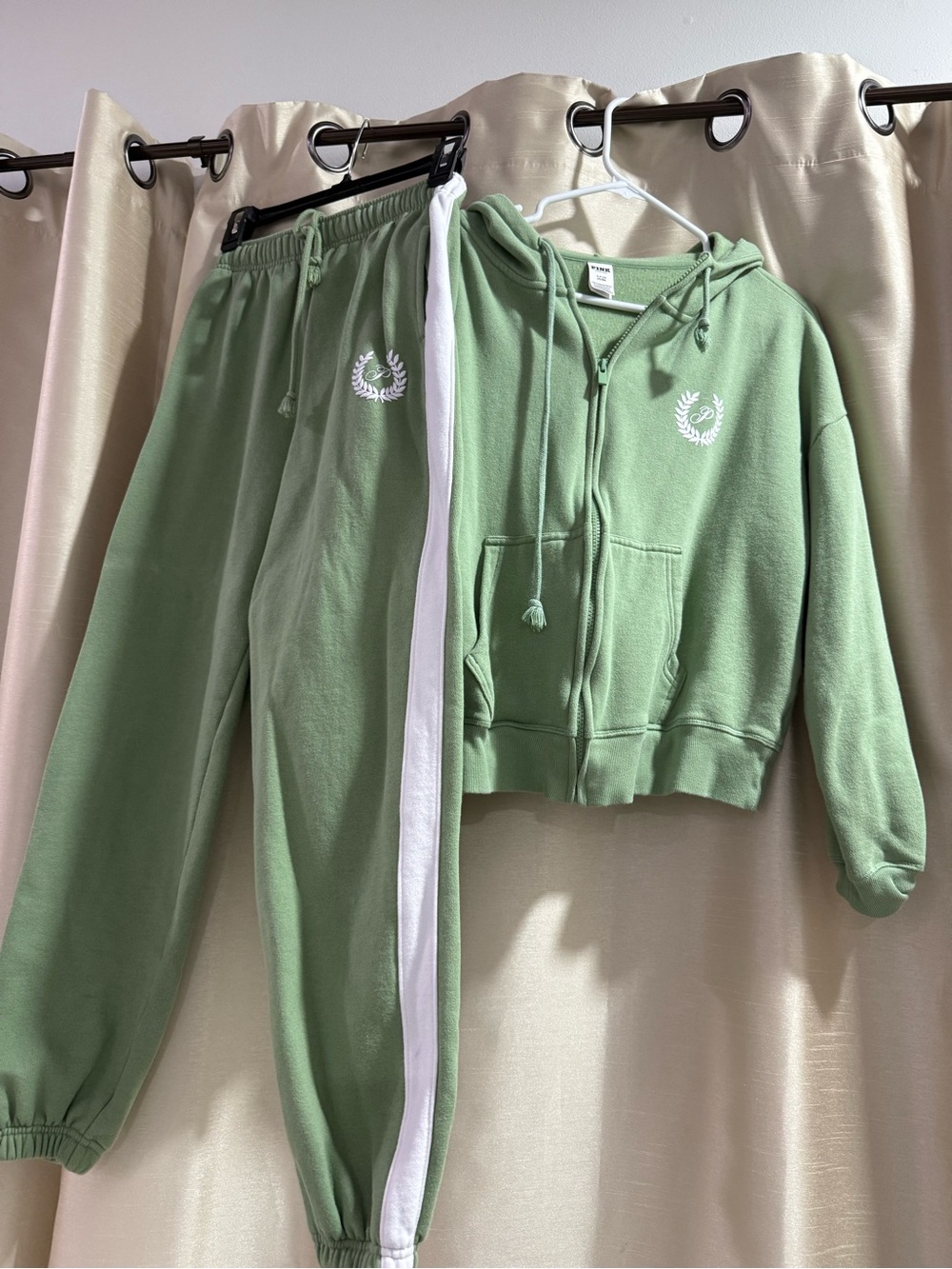 PINK Victoria's Secret Sage Green Zip Hoodie & White-Striped Joggers Set